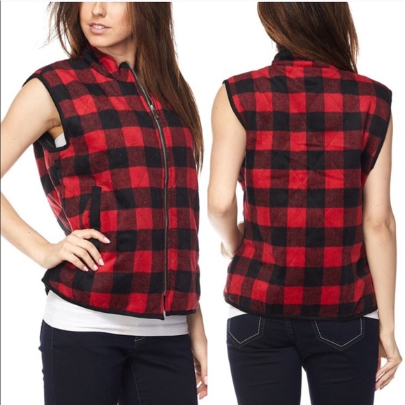 LAST 1❤️ buffalo plaid quilted vest red black - Picture 2 of 3